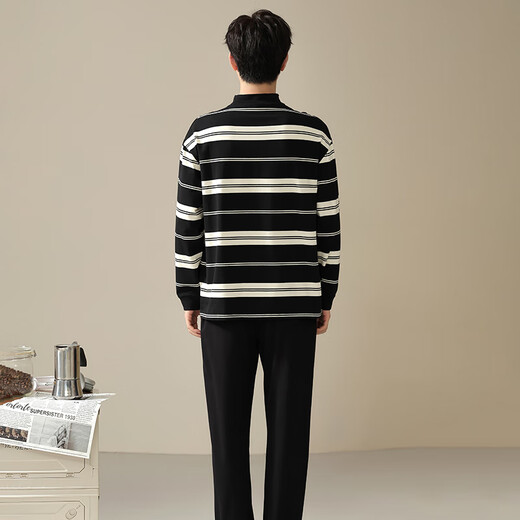 LangSha pajamas couple outfit for one man and one woman, autumn pure cotton long-sleeved round neck casual wearable spring and autumn home wear set 32310 couple M female + L male