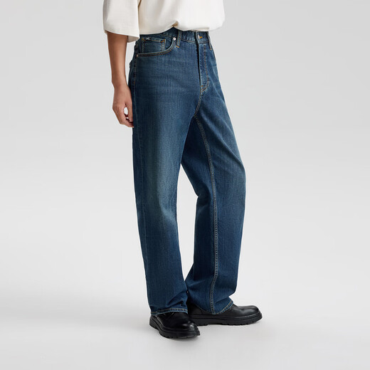 Lee25 new autumn and winter loose brushed dark blue men's wide-leg jeans, warm and trendy, dark blue 33