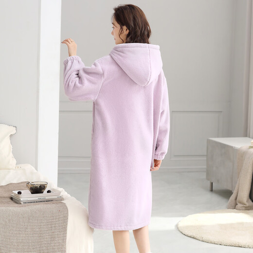 LangSha couple's nightgown, one man and one woman, winter flannel plus velvet warm hooded bathrobe pajamas, mid-length home wear, winter, female F8046 purple + male F9046 carbon gray M female + XL male