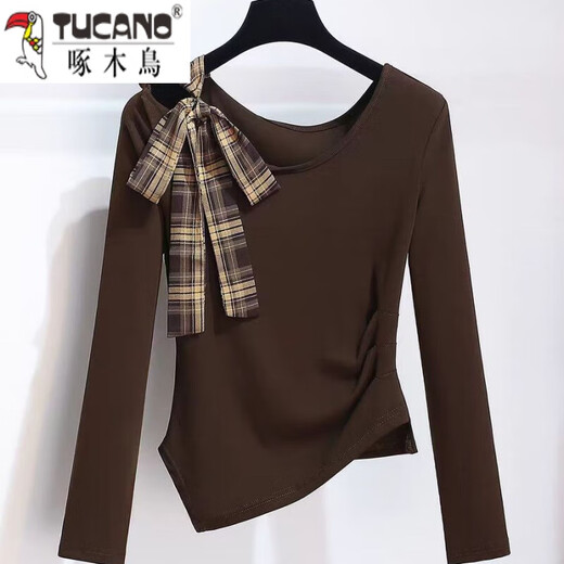 
Woodpecker (TUCANO) checked skirt women's suit irregular off-shoulder long-sleeved lace-up top thin 2025 early autumn new dress 829-Single top L