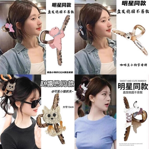 Zhao Lusi's same cute puppy large size claw clip for women, high-end 2025 new cartoon shark clip hair clip, cat double-sided see-through brown hair clip, about 11cm