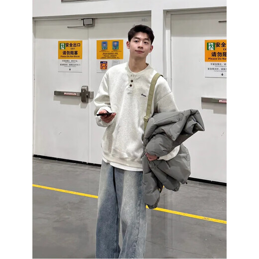 Du Xiaoxian Henry collar sweatshirt men's spring and autumn hoodless American cleanfit bottoming shirt loose trendy brand long-sleeved T-shirt inside white flower gray 2XL recommended 140-160Jin Jin equals 0.5 kg