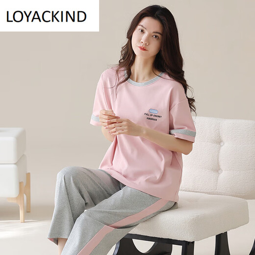 LOYACKIND summer short-sleeved pajamas suit trousers 100 cotton women's sports cotton home clothes thin large size can be worn outside Y9720 M