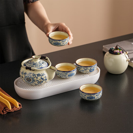 Blue and White Ru Kiln Handheld Pot Travel Tea Set One Pot Three Cups Single Outdoor Portable Anti-scalding Quick Cup Ru Kiln Huang Fanhua-One Pot Three Cups + Round Ash Bag