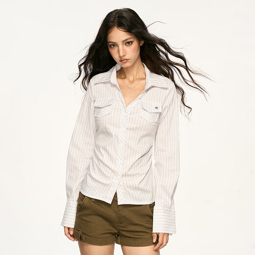 AAISUP white striped waist long-sleeved shirt for women 2025 autumn high-end temperament slim slim versatile shirt trendy white and blue strips L