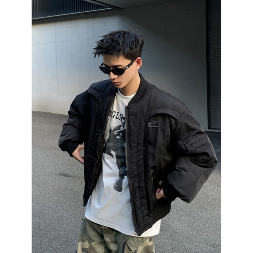 OEMG American deconstructed motorcycle cotton jacket men's winter short aviator curved handsome jacket thickened baseball jacket black quilted thickened XL recommended 130-150Jin Jin equals 0.5 kg