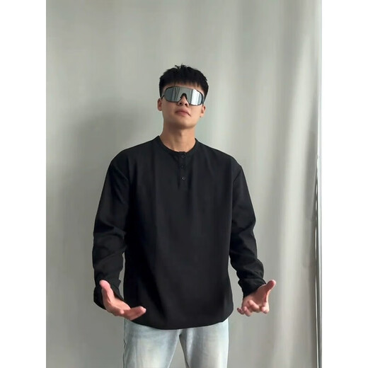 POUMcleanfit Henry Neck Long Sleeve T-shirt Men's Spring and Autumn Summer New Sweater Waffle American Base Shirt T-shirt CQS-1381 Black Fleece M