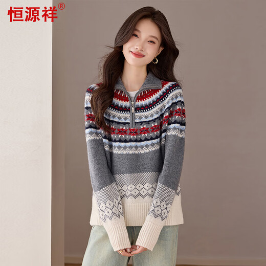 Hengyuanxiang Pure Wool Sweater Women's Autumn and Winter Half Turtle Collar Zipper Thick Jacquard Sweater Versatile Lady Sweater