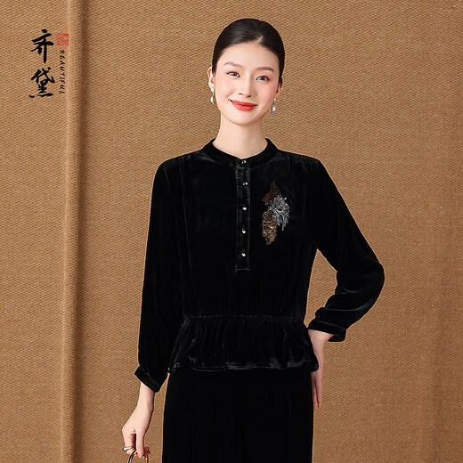 QUEDIT High-End-Marke aus schwarzem Maulbeerseidensamt-Top 2025 Herbst neues langärmeliges besticktes Retro-Shirt Moyun Velvet Shang L Empfohlen 105Jin Jin entspricht innerhalb von 0,5 kg