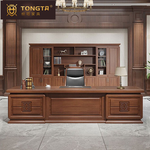 TONGTA light luxury boss desk office desk solid wood new Chinese style high-end office desk and chair combination bookcase executive desk high-end boss office furniture 3.6 meters boss table (with side table)