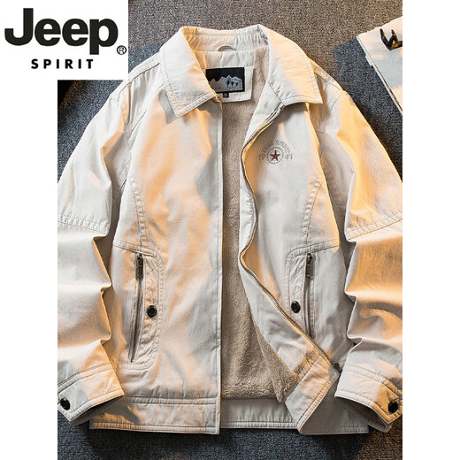 JEEP SPIRIT high-end pure cotton workwear lamb velvet jacket men's autumn and winter velvet thickened cotton clothes men's winter cotton jackets off-white M (100-120Jin Jin equals 0.5 kg)