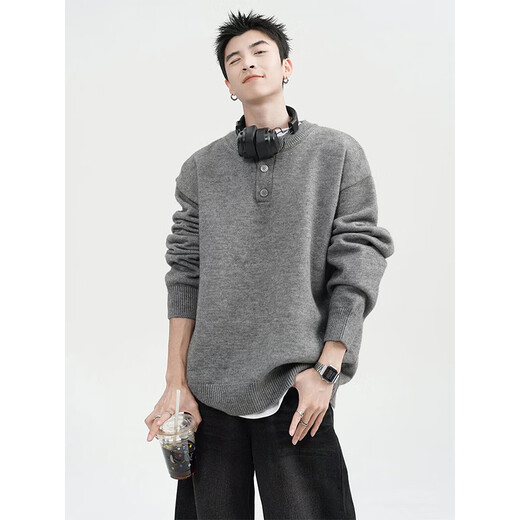 Fitting room Henry collar sweater men's autumn American cleanfit sweater jacket retro long-sleeved inner sweater light gray XL recommended 135-150Jin Jin equals 0.5 kg