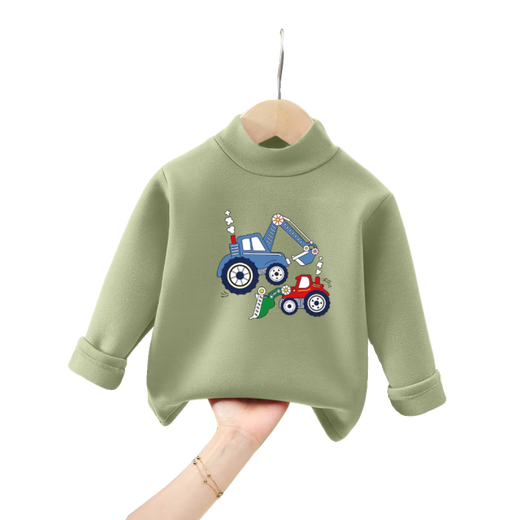 Fat Donglai buys 50% off on boys' velvet bottoming shirt, new style, children's half-turtle collar, same style, German velvet, two excavators - fruit green 90 cm