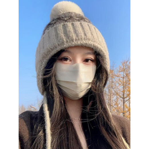 SOMUBAY (SOMUBAY) Fair Isle hat for women, thickened and warm, autumn and winter ear protection hat, wool ball knitted woolen hat, cycling anti-cold Lei Feng hat, beige M (54-60cm)