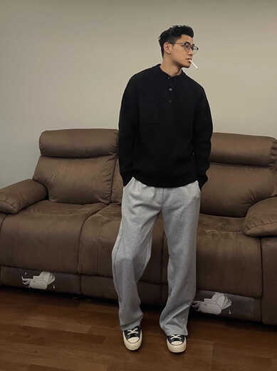 Semir Henry Neck Round Neck Old Money Style Sweater Men's Solid Color Long Sleeve Sweater American Retro Casual Premium Sweater Fashion Black G60 M