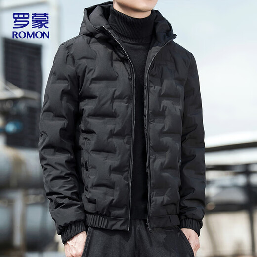 ROMON down jacket men's winter outdoor warm hooded versatile casual high-end jacket top men's 886 black XL