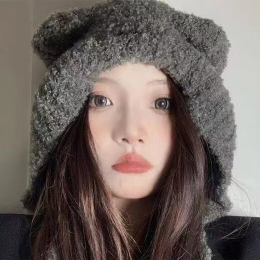 Cute woolen bear ears woolen knitted hat for women in autumn and winter, face-showing, small ear protection, big headband, cold hat, black-headband