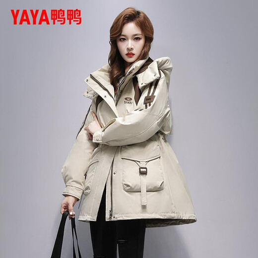 YAYA Workwear Parka Down Jacket Women's Winter Mid-Length 2025 New Fashion Waist Hooded Jacket Off-White L