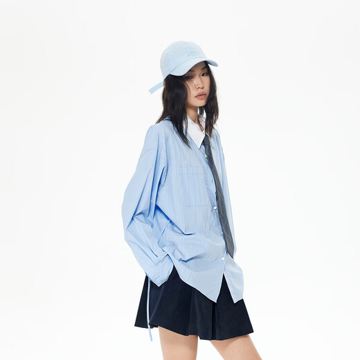 RE VAN Rui Fan and Shen Mengchen's same style 2025 winter new dark plaid tie sky blue shirt RL90901331 blue S /36