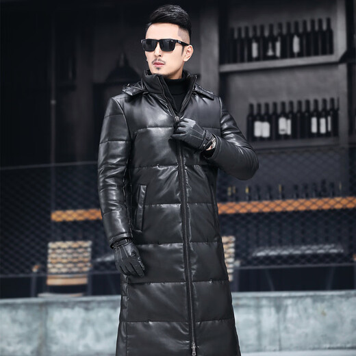 Matchstick's new over-the-knee extra-long leather jacket for men, sheepskin leather jacket, hooded leather windbreaker, thickened and warm men's jacket, trendy black M