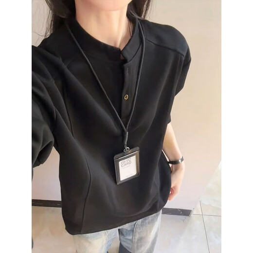 Vnxifm American Henry collar polo shirt sweatshirt for men and women in autumn deconstructed splicing long-sleeved T-shirt cleanfit shoulder top Gray M _ Recommended 86-100Jin Jin equals 0.5 kg