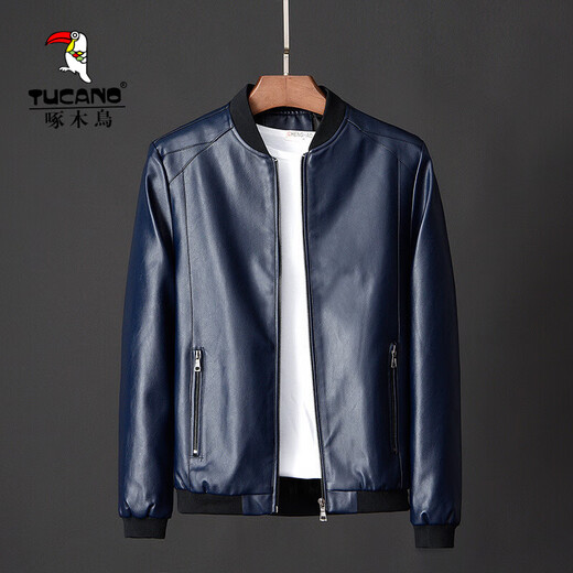 Woodpecker Jacket Men's Jacket Autumn and Winter New Casual Trend Fashionable Stand Collar Motorcycle Leather Jacket Versatile Slim and Handsome Black XL