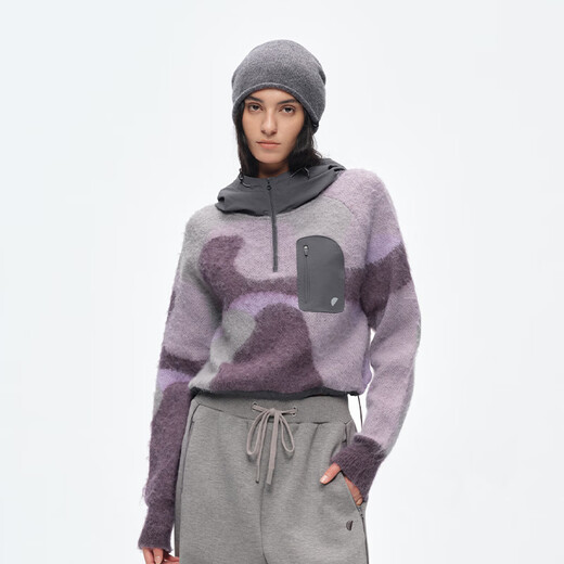 Semicircular three-color yarn interwoven women's sports 2025 winter hooded irregular jacquard texture sweater for women, twilight purple (pre-sale) M