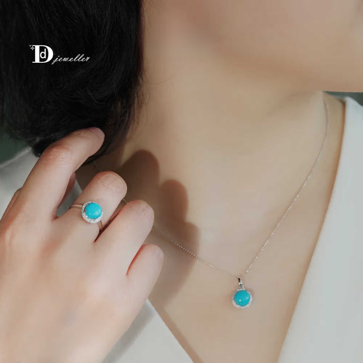 Yiqi 2025 new 18k white sleeping beauty turquoise high porcelain high blue earrings pendant ring set 18k white pine ring ring number 14