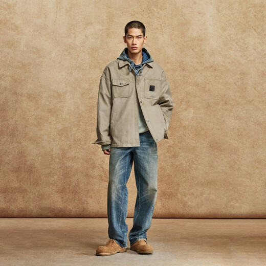 JACK&JONES Men's Spring Cotton Clothes Loose Lapel Very Wide Fit Workwear Pocket Letters Embroidered Jacket 225409039 E11 Khaki M (175)