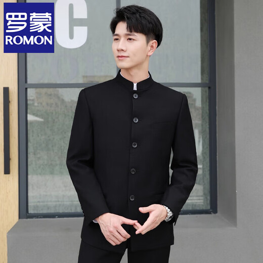 ROMON high-end Chinese tunic suit suit men's youth slim-fit stand-up collar suit Chinese style wedding dress Chinese style Tang suit Chinese stand-up collar black top + pants XL 180 weight 135-155 Jin Jin equals 0.5 kg
