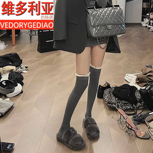 Victoria's style lace over-the-knee socks for women in autumn and winter, thickened, slimming, versatile and trendy, lace style, black + white + gray