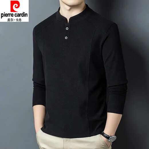 Pierre Cardin autumn and winter double-sided velvet bottoming shirt for men, Henry collar, trendy and versatile, long-sleeved T-shirt, stand-up collar sweatshirt for men, black 2XL (recommended 150-170Jin Jin equals 0.5kg)