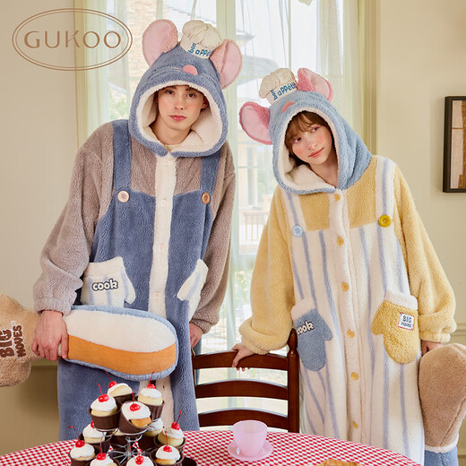 Gukoo Couple Nightgown Winter Coral Velvet Warm New Ratatouille Joint Women's Homewear Nightgown Men's Nightgown D Quiet Blue Women's Nightgown L