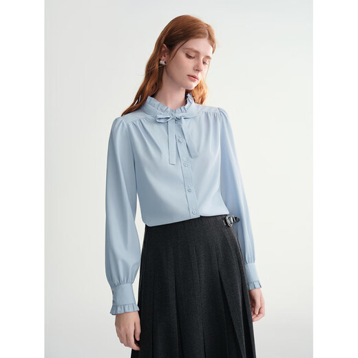 DUSHU large size women's puff sleeve shirt 2025 autumn and winter new fungus lace collar top temperament lace-up shirt water mist blue (shirt) one size 1