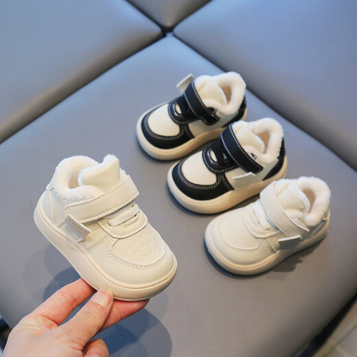 YEEHOO FASHION Ying's baby plus fleece shoes 03 years old warm toddler shoes soft sole autumn and winter baby warm toddler shoes large cotton shoes thick plus fleece Mino white 12 cm inner length 17 size