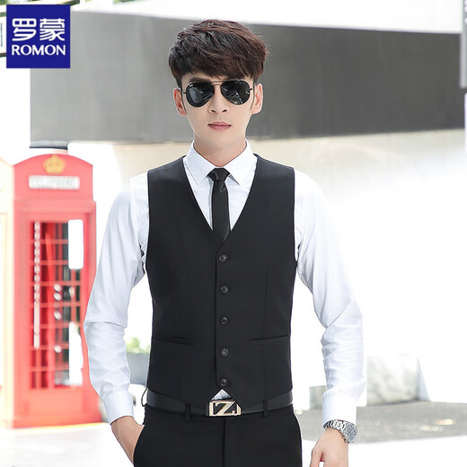 ROMON Spring and Autumn Best Man and Groom Brotherhood Slim Casual Professional Suit Vest White Shirt Men's Wedding Suit Black Vest Free Bow Tie @ S 90-100Jin Jin is equal to 0.5 kg
