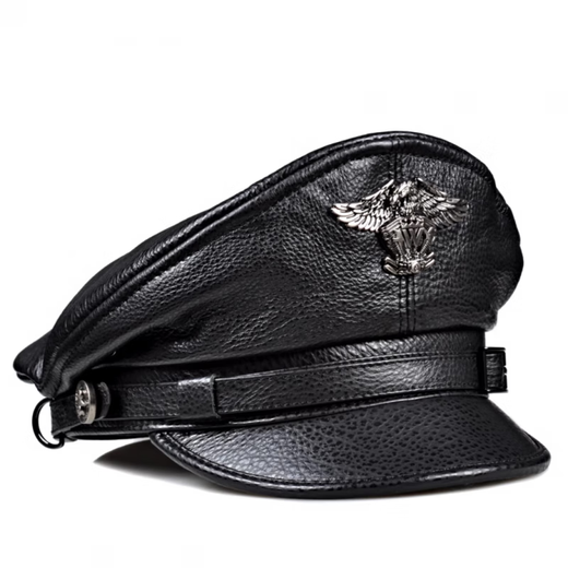 Feshelan genuine leather top hat men's autumn and winter retro cowhide flat top hat British Harley young and old motorcycle hat captain hat black 57-58cm