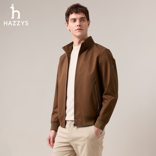 HAZZYS Men's 2025 Autumn New Water-Repellent/Windproof Stand Collar Jacket Men's Wool Blended Jacket ASVZU0CCU04 Brown BW M (170/92A 46)