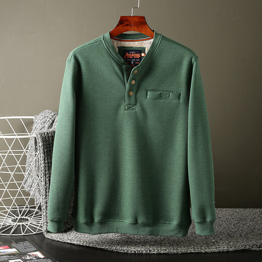 IMPRESSWIT Henry collar sweatshirt men's velvet waffle long-sleeved T-shirt warm lamb velvet cotton thickened trendy brand jacket green M