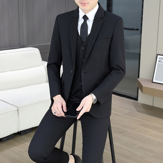 Suit suit men's business casual formal three-piece slim suit jacket men's wedding groom's best man's dress medium gray top + trousers + vest XL recommended 120-135Jin Jin equals 0.5 kg