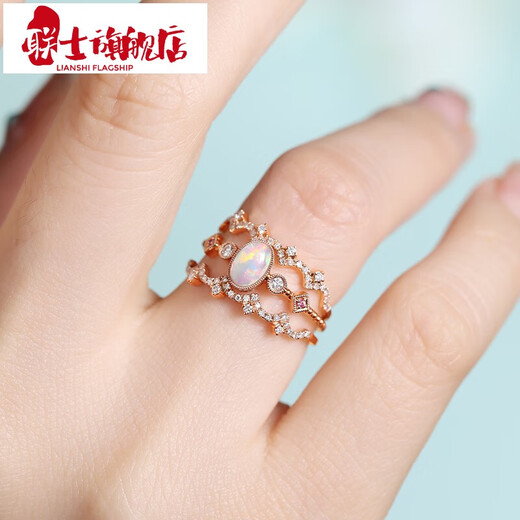 Lianshi Jewelry 18K Gold Opal Diamond Ruby Ring Versatile Stackable Jewelry for Girlfriend’s Birthday Gift 18K Gold Opal Diamond Pink Sapphire Ring No. 11