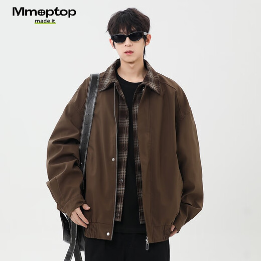 MMOPTOP American fake two-piece plaid spliced lapel jacket autumn and winter men's windproof jacket MJK22 coffee L