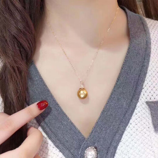 Jinxu natural color seawater gold beads pearl pendant 13-14mm retro 18K gold necklace perfect round and flawless for women 13-14 gold