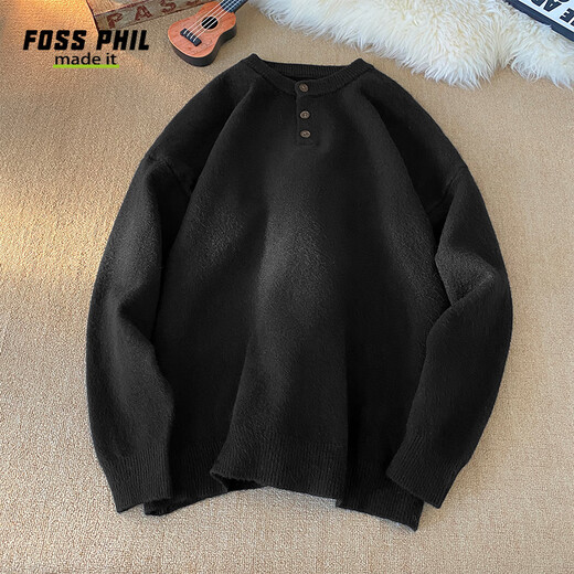 Foss Phil American solid color Henry collar sweater men's winter loose casual sweater top Q7142 black XL