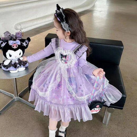G.duck Little Yellow Duck Girls' Skirt Lolita Style Puff Skirt Dress New Princess Kuromi 25 Autumn and Spring Style 304+Spring and Autumn Five-Pointed Star Kuromi Purple 90 Small - Suitable for heights under 80