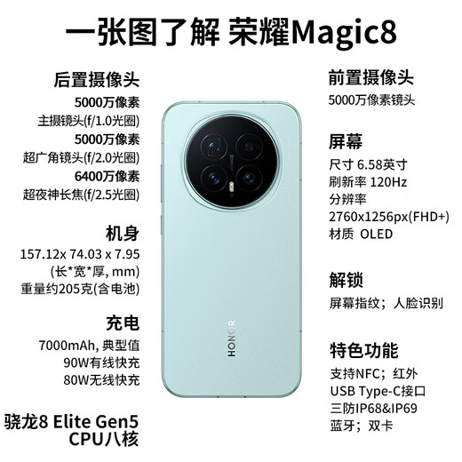 Honor Magic8 New 5G Mobile Phone YOYO Smart Super Night Telephoto Fifth Generation Snapdragon 8 Extreme Edition Launched in 2025 Snowy White 12G+256GB Full Netcom Official Standard Configuration