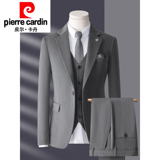 Pierre Cardin suit men's three-piece Korean style slim business casual suit groom wedding dress knitted 1 light gray top + pants shirt tie S
