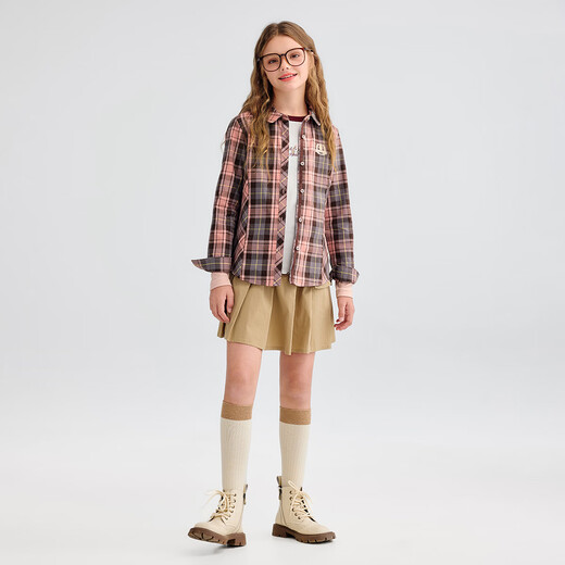 Hush Puppies children's clothing for children and older children 2025 autumn new casual comfortable soft classic college plaid long-sleeved shirt light pink 160 cm
