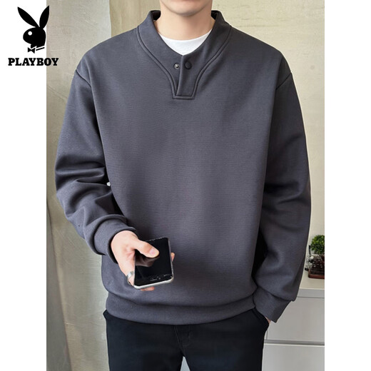 Playboy (PLAYBOY) Henry collar sweatshirt men's spring and autumn 2025 new small shirt stand-up collar top long-sleeved T-shirt men's bottoming shirt black M (about 90~115Jin Jin equals 0.5kg can be worn)