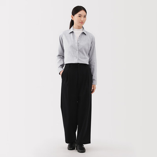 MUJI women's flannel shirt collar long-sleeved shirt shirt top pure cotton winter women's plaid light gray S (155/80A)